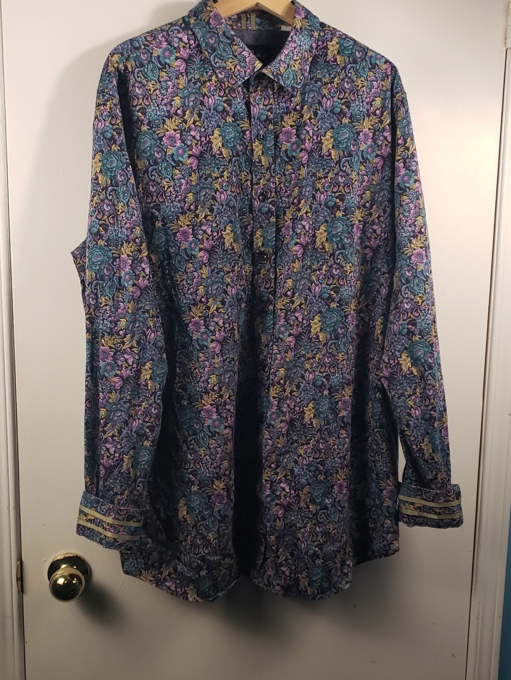 ROBERT GRAHAM Floral Long-Sleeve Button-Up Shirt in Teal, Purple & Yellow 1XLT